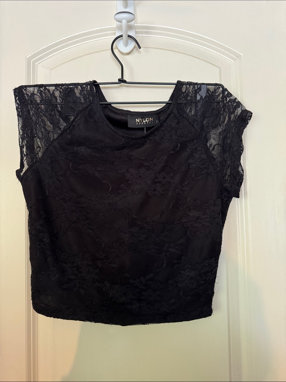 Black Lace Short Sleeve Women's crop Top by Nylon Apparel size S
